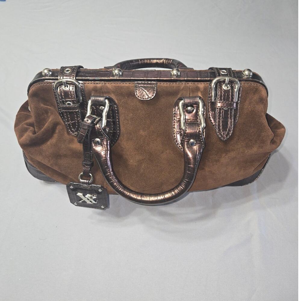 Maxx New York Y2K Large Suede Doctors Bag With Metallic Croc Pattern Trim